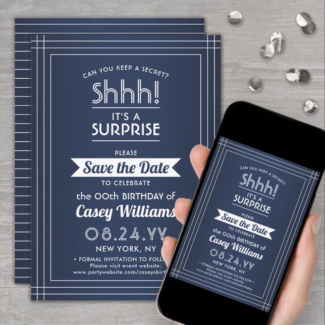 Save The Date Téléchargeable Surprise Birthday Navy Blue and Whi (Créateur téléchargé)