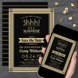 Save The Date Téléchargeable Surprise Birthday Party Black & Gol<br><div class="desc">Peux-tu garder un secret ? Invitation famille et amis à une fête d'anniversaire élégante et excitante avec coutume noir et or enregistrer les invitations de la fête de la date. Toute la formulation de ce modèle est simple à personnaliser, y compris le message qui dit "Shhh! C'est une SURPRISE." Le...</div>