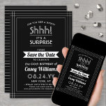 Save The Date Téléchargeable Surprise Birthday Party Black & Whi<br><div class="desc">Peux-tu garder un secret ? famille Invitation et amis à une fête d'anniversaire surprise élégante et excitante avec coutume noir et blanc enregistrer les invitations de la fête de la date. Toute la formulation de ce modèle est simple à personnaliser, y compris le message qui dit "Shhh! C'est une SURPRISE."...</div>