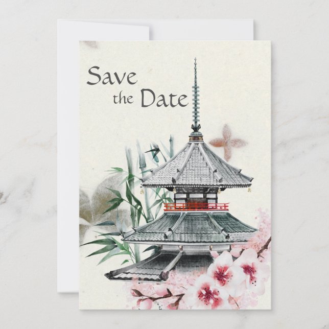 Save The Date Temple japonais, Bambou, Mariage de fleurs de ceri (Devant)