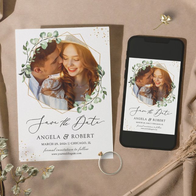 Save The Date Tendance verte Eucalyptus Cadre géométrique Photo (Créateur téléchargé)