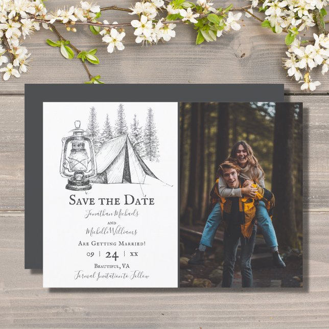 Save The Date Tente et bois Croquis Camping Mariage Photo (Créateur téléchargé)