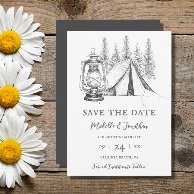 Save The Date Tente, lanterne et bois croquis Mariage de camping (Créateur téléchargé)