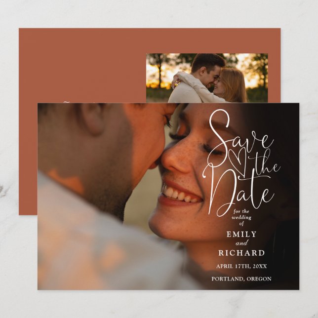 Save The Date Terracotta 2 Photo Élégant Mariage Script (Devant / Derrière)