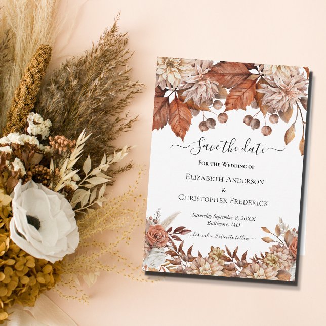 Save The Date Terracotta Blanc Marron Floral QR Code Bohème Mari (Créateur téléchargé)