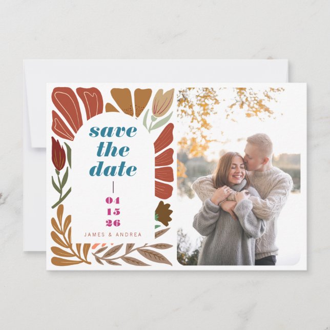Save The Date Terracotta Boho Retro Bright Floral Mariage Photo (Devant)