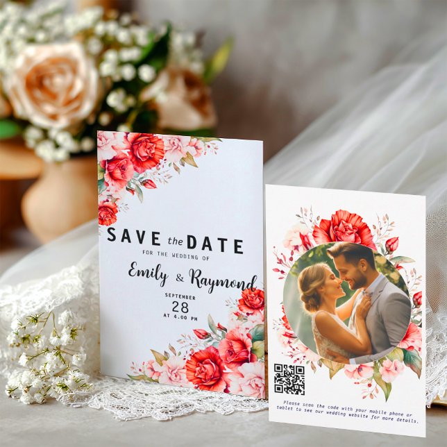 Save The Date Terracotta Burgundy Blush Floral QR Code Wedding  (Créateur téléchargé)