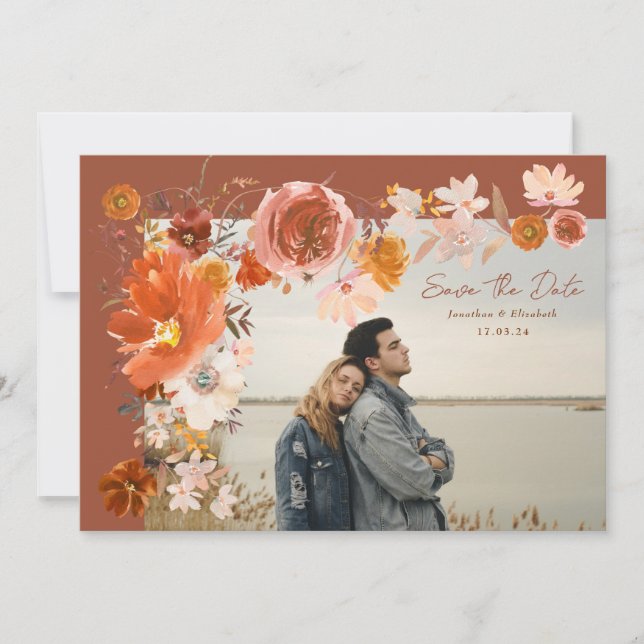 Save The Date Terracotta Desert Floral Frame Bouquet Photo (Devant)