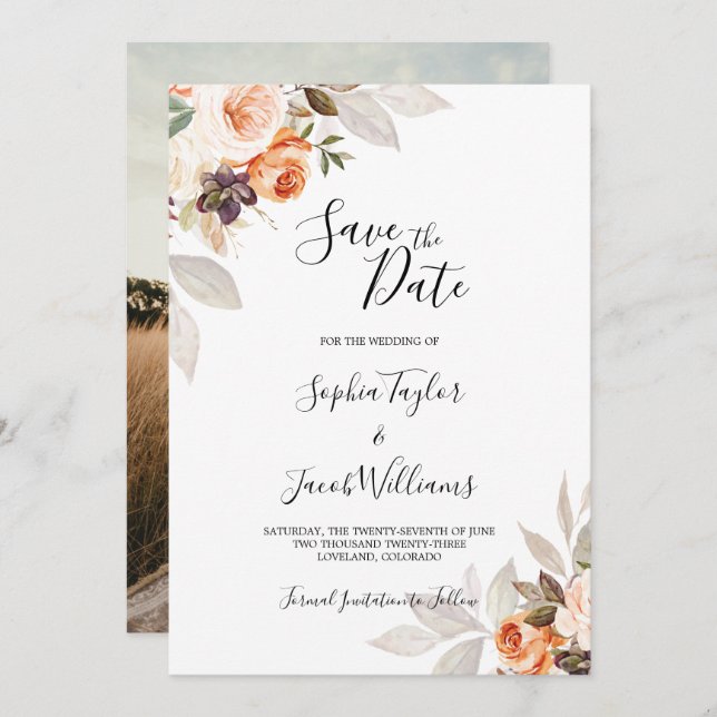 Save The Date Terracotta Floral Bural Orange Boho Mariage de aut (Devant / Derrière)
