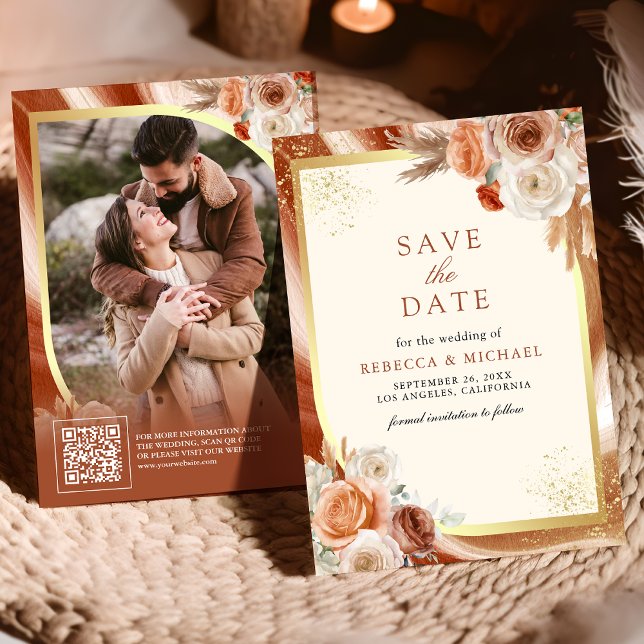 Save The Date Terracotta Floral Cream Gold QR Code Photo Mariage (Créateur téléchargé)