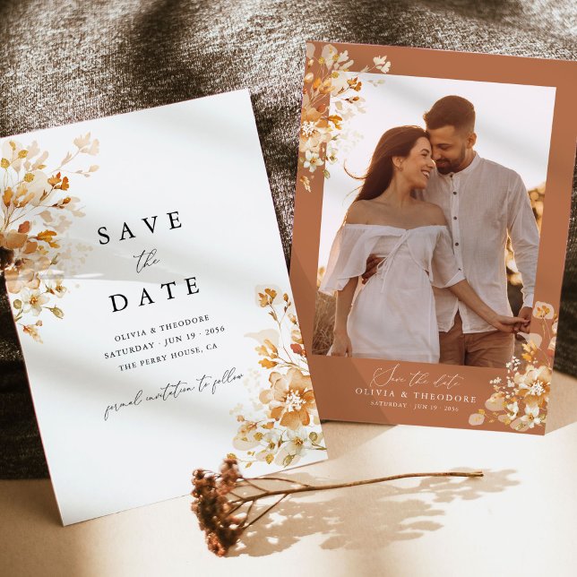 Save The Date Terracotta Floral Elegant Photo Back Wedding (Terracotta photo save the date card with burnt orange floral frame, elegant boho wedding)