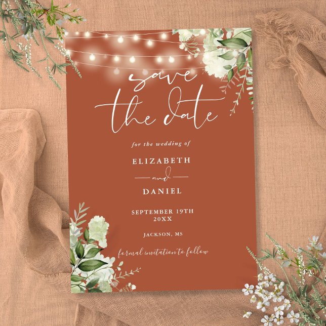 Save The Date Terracotta Floral Greenery String Mariage (Terracotta Floral Greenery String Lights Wedding Save The Date)
