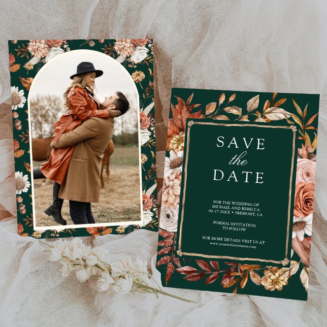 Save The Date Terracotta Floral Photo Emerald Green Wedding (Créateur téléchargé)