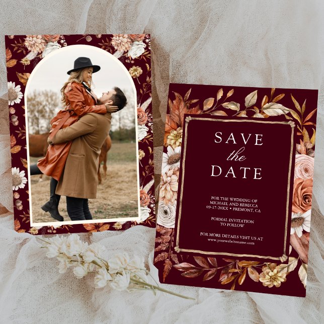 Save The Date Terracotta Floral Photo Mariage Bourgogne (Créateur téléchargé)