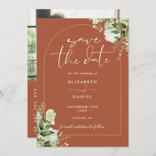 Save The Date Terracotta Foliage Gold Arch Photo QR Code Mariage