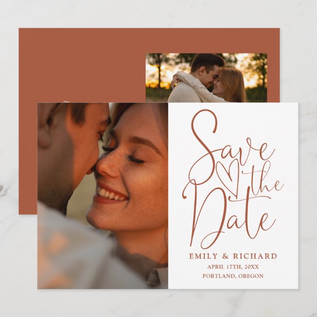 Save The Date Terracotta Mariage 2 Photo Élégant Script (Devant / Derrière)