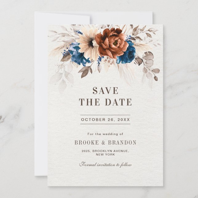 Save The Date Terracotta Marine Bleu Pampas Grass Mariage rustiq (Devant)