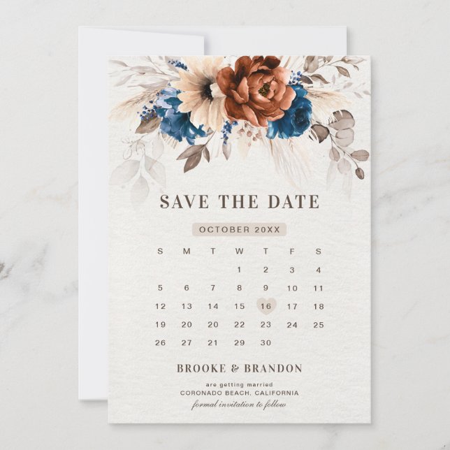 Save The Date Terracotta Marine Bleu Pampas Grass Mariage rustiq (Devant)