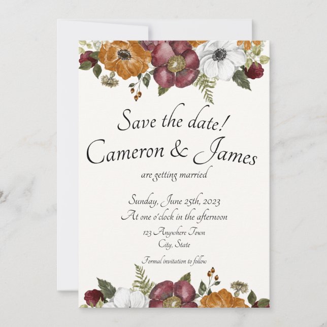 Save The Date Terracotta & Maroon Boho Fleur sauvage Jardin Mari (Devant)