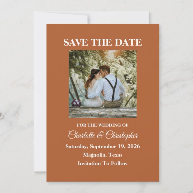 Save The Date Terracotta moderne Brunt Orange Mariage de automne (Devant)
