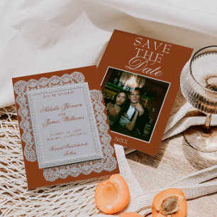 Save The Date Terracotta Orange Brûlé Dentelle Photo Mariage Fan