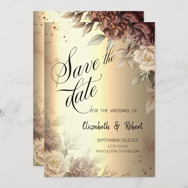 Save The Date Terracotta Roses Élégant Script Or Enregistrer La  (Devant / Derrière)