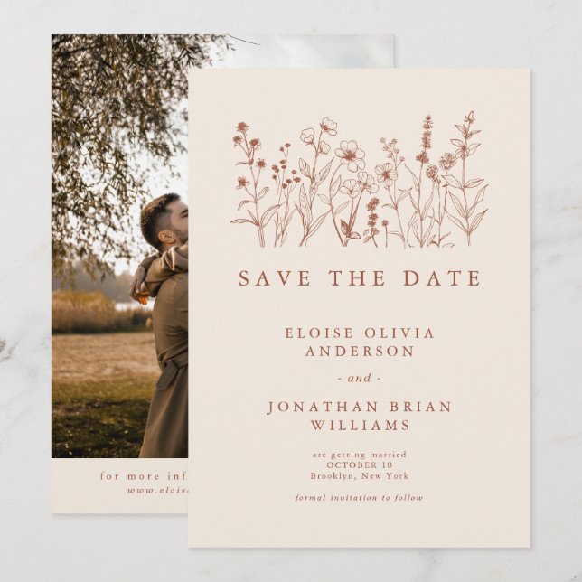 Save The Date Terracotta Rustic Floral Fall Fleur sauvage Photo (Devant / Derrière)
