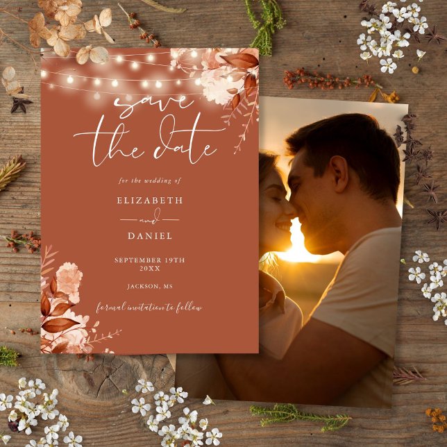 Save The Date Terracotta Rustic Floral Lumières Photo Mariage de (Terracotta Rustic Floral Lights Photo Fall Wedding Save The Date)
