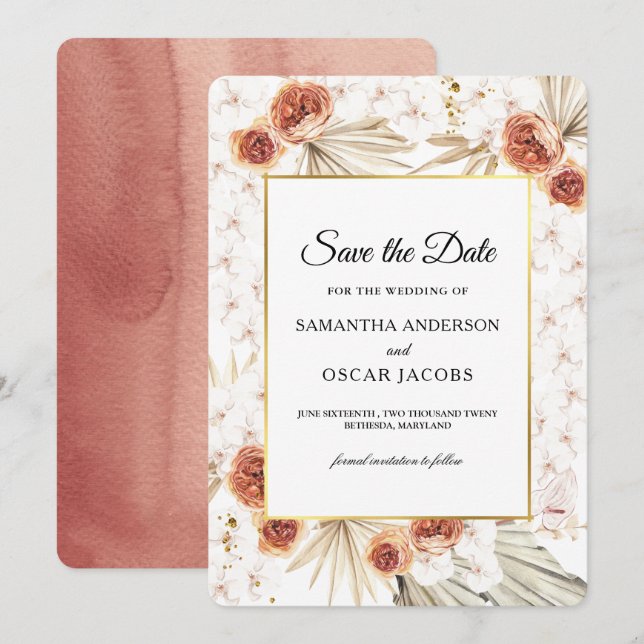 Save The Date Terracotta Tropicale de Fleurs Séchées (Devant / Derrière)