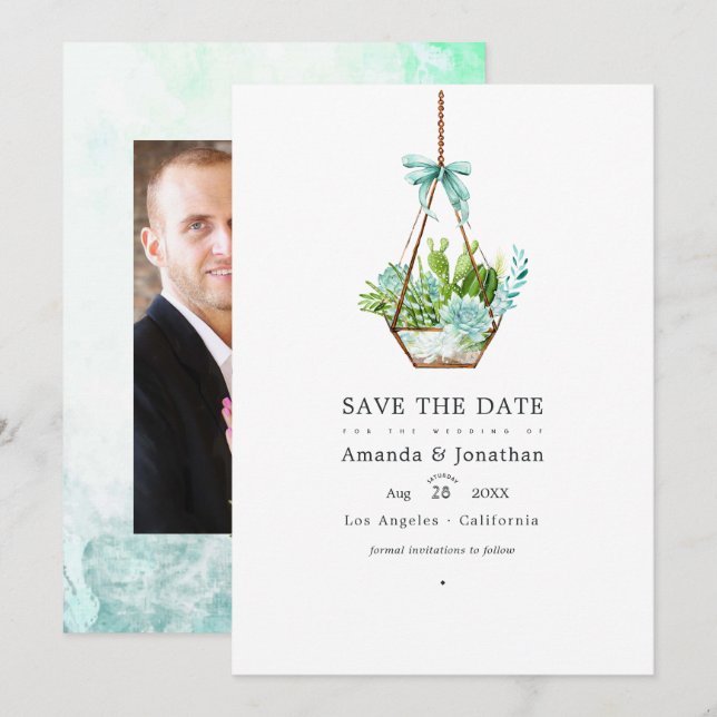 Save The Date Terrarium de verre à aquarelle Succulents Cadeau d (Devant / Derrière)