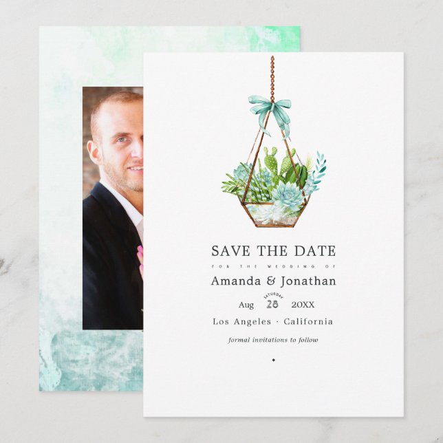 Save The Date Terrarium de verre à aquarelle Succulents Mariage  (Devant / Derrière)