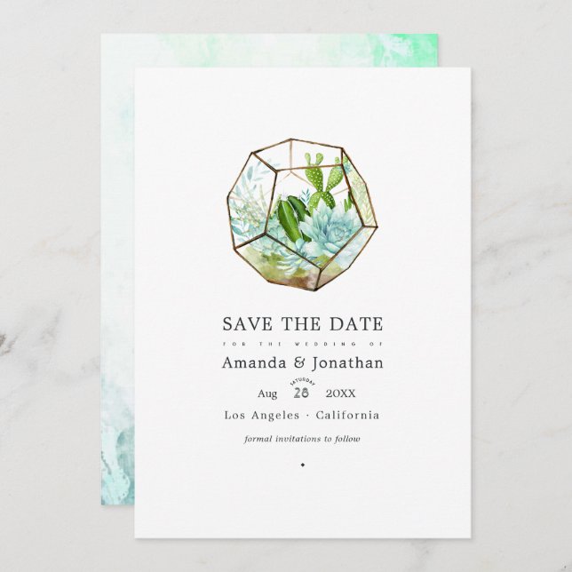 Save The Date Terrarium de verre à l'aquarelle Succulents Mariag (Devant / Derrière)