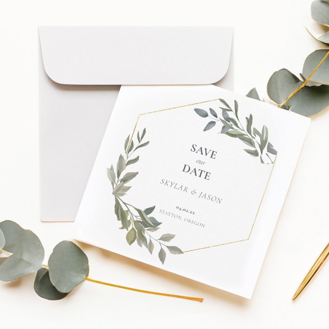 Save The Date Terrarium géométrique minimal à feuilles et or (Minimal Leaf Greenery & Gold Geometric Terrarium Save The Date)