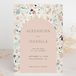 Save The Date Terrazzo Blush Apricot Pastel Retro Arch Mariage