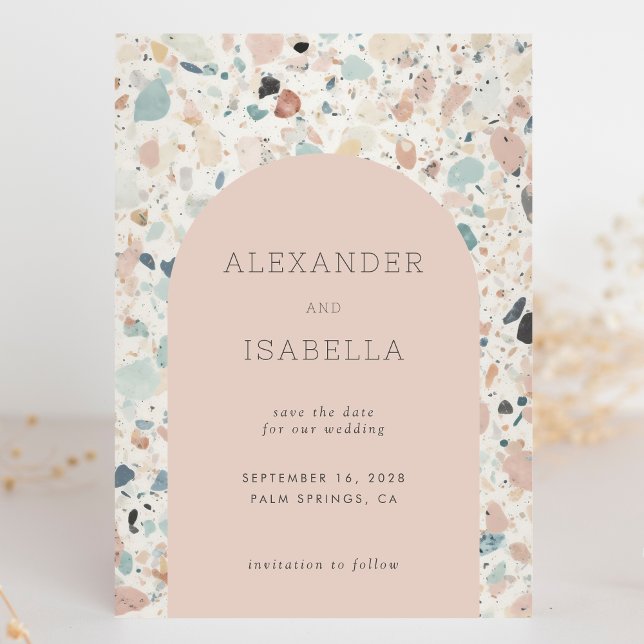 Save The Date Terrazzo Blush Apricot Pastel Retro Arch Mariage (Créateur téléchargé)