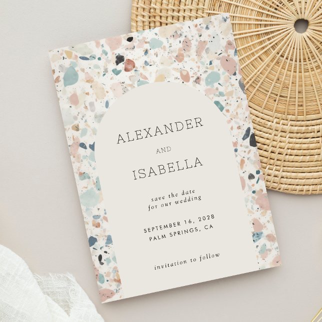 Save The Date Terrazzo Pastel Colors Mariage Arc rétro (Créateur téléchargé)