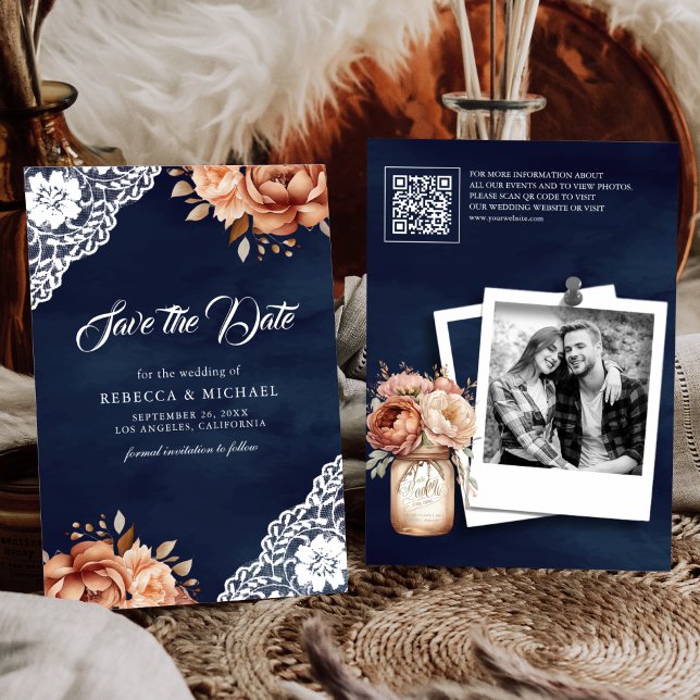 Save The Date Terre cuite Fleurs Marine Code QR Photo Mariage (Créateur téléchargé)