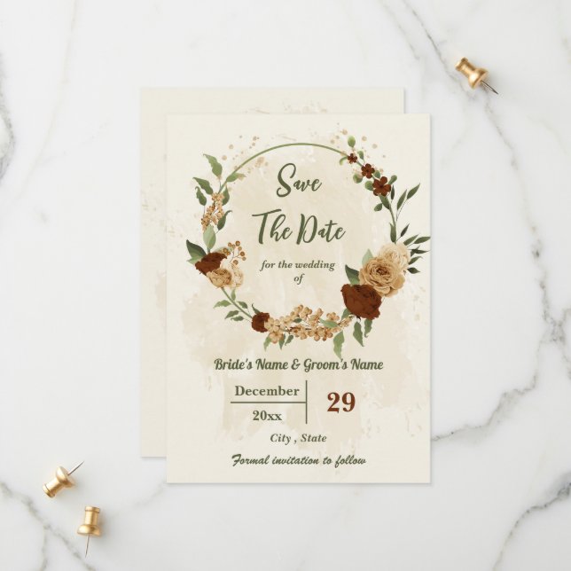 Save The Date terre cuite tonalité de terre mariage vert fleuri (Devant/Arrière en situation)