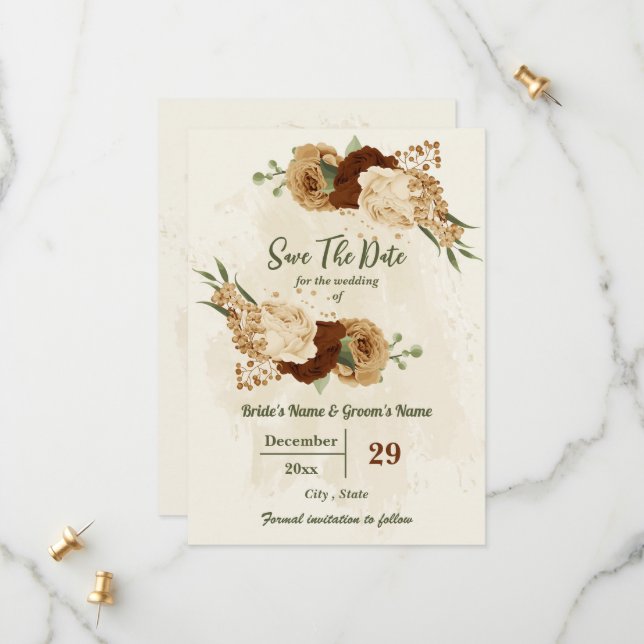 Save The Date terre cuite tonalité de terre mariage vert fleuri (Devant/Arrière en situation)