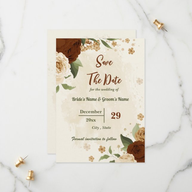 Save The Date terre cuite tonalité de terre mariage vert fleuri (Devant/Arrière en situation)