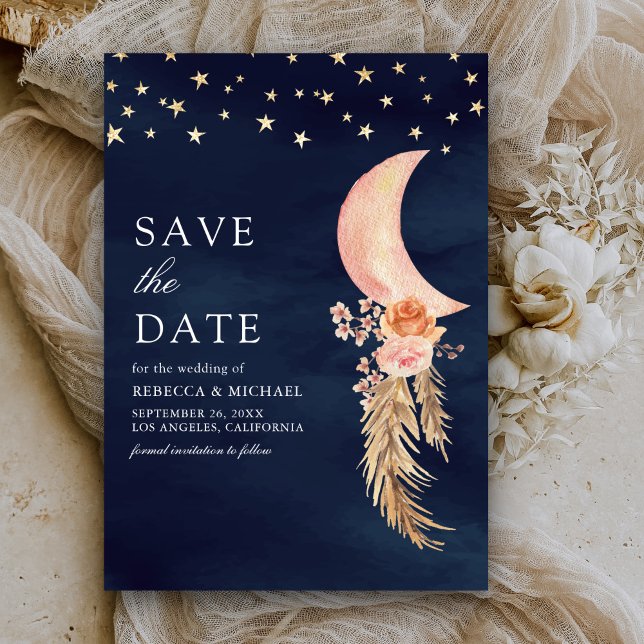 Save The Date Terre Floral Croissant Lune Mariage bleu marine (Créateur téléchargé)