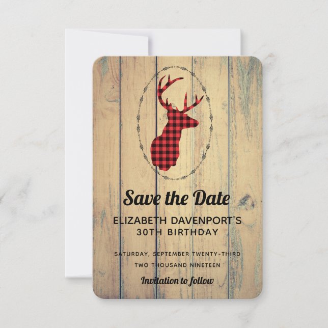 Save The Date Tête de cerf - Red Plaid Rustic Enregistrer la dat (Devant)