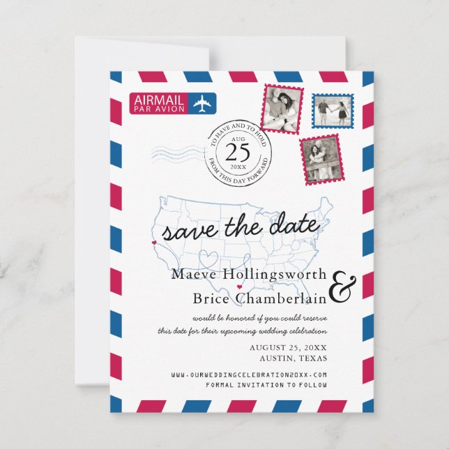 Save The Date Texas Northern California Airmail Enregistrer la d (Devant)