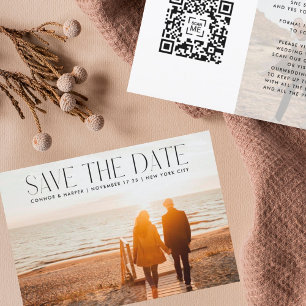 Save The Date Texte ÉLÉGANT TENDANCE Moderne QR CODE Deux photos