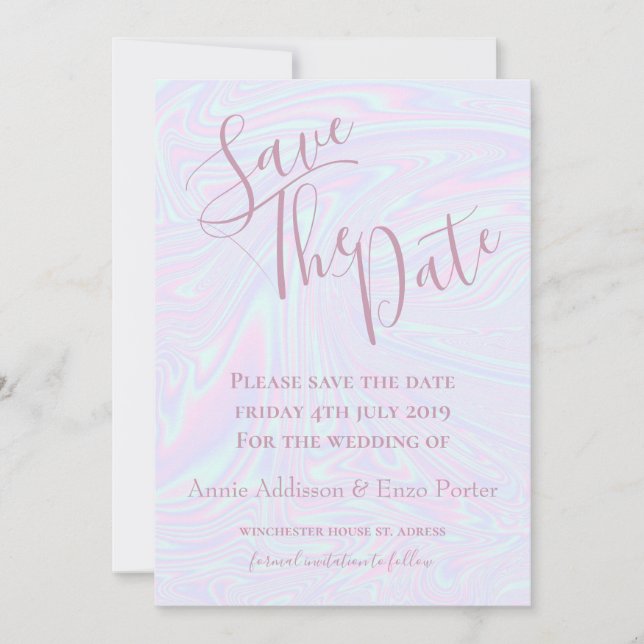 Save The Date Texture à effet holographique faux bleu (Devant)