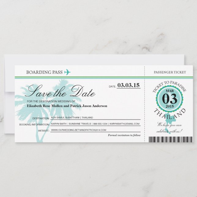 Save The Date Thaïlande Boarding Pass Enregistrer la date (Devant)