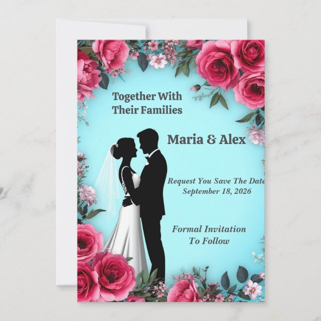 Save The Date 🌷 Thème de mariage Couple Floral Rose 🌷 (Devant)