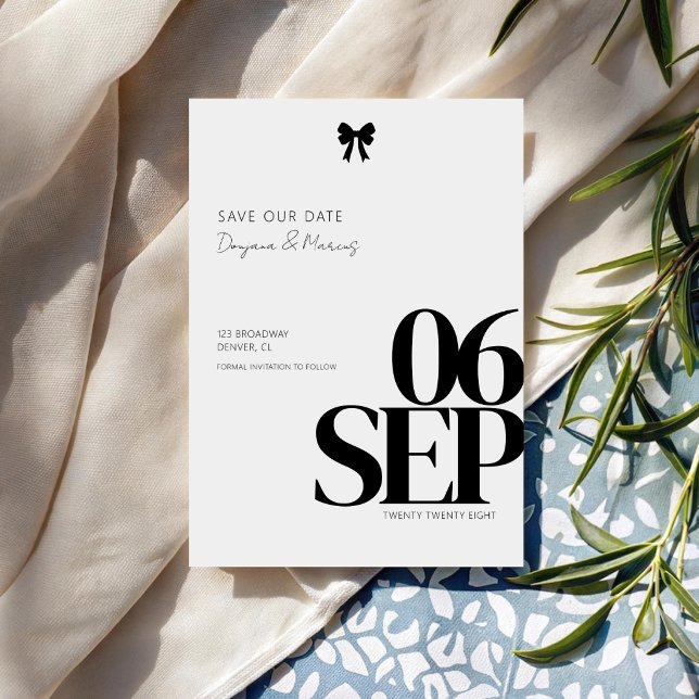 Save The Date Thème de mariage simple avec un nœud noir minimali (Créateur téléchargé)
