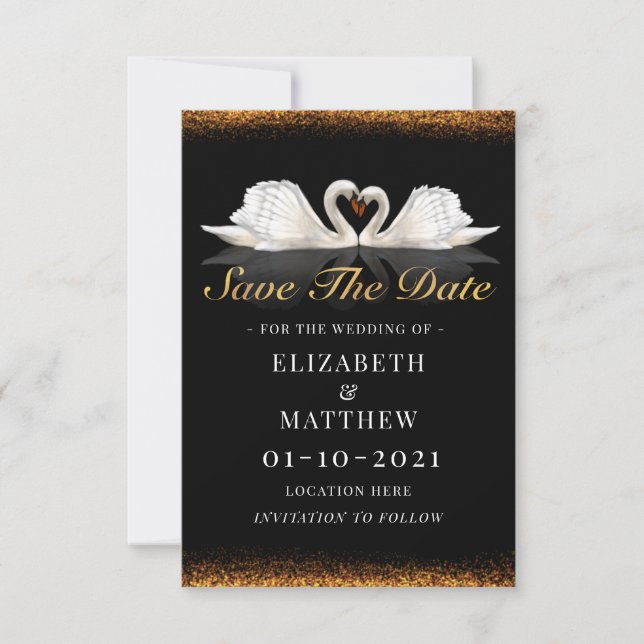Save The Date Thème noir et or avec Mariage Swans (Devant)