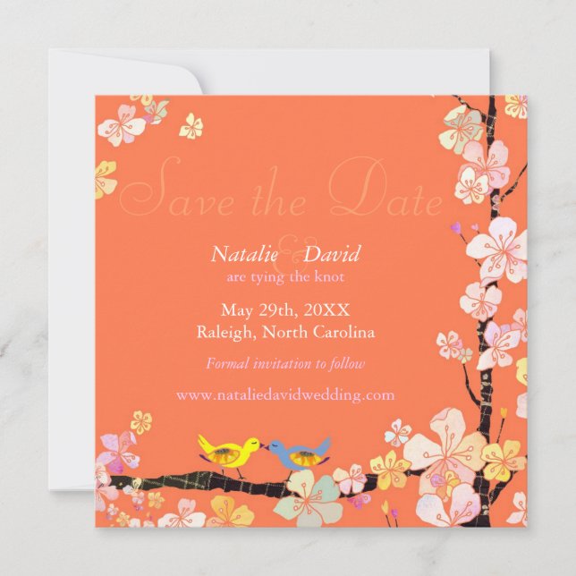 Save The Date Thème Oiseau animé Mariage orange Enregistrer la d (Devant)